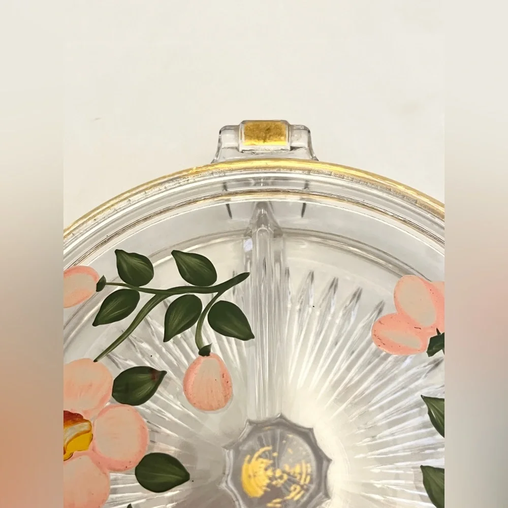 Duncan Miller Glass Hand Painted Lidded Vanity Dish, Pre-1950 Vintage EUC